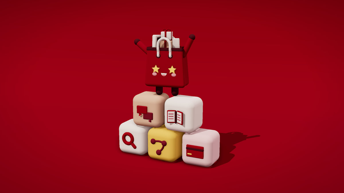 Cinco bloques de plastilina con íconos de apps (buscador, flujo, tarjeta de pago, traducción y libro) apilados en pirámide, con Shoppín, una bolsa de compras escarlata con ojos de estrella, de pie en la cima con los brazos arriba, sobre un fondo escarlata