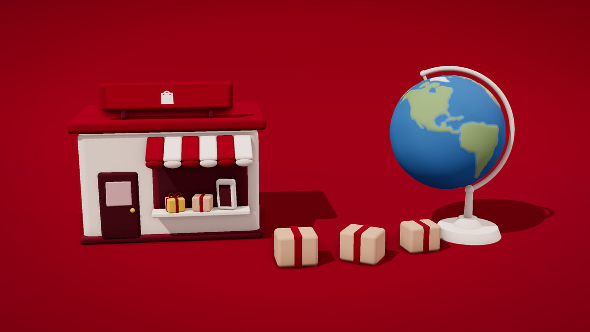 Una tienda de plastilina con toldo a rayas y escaparate, de la que salen paquetes hacia un globo terráqueo de escritorio con base blanca, sobre un fondo escarlata