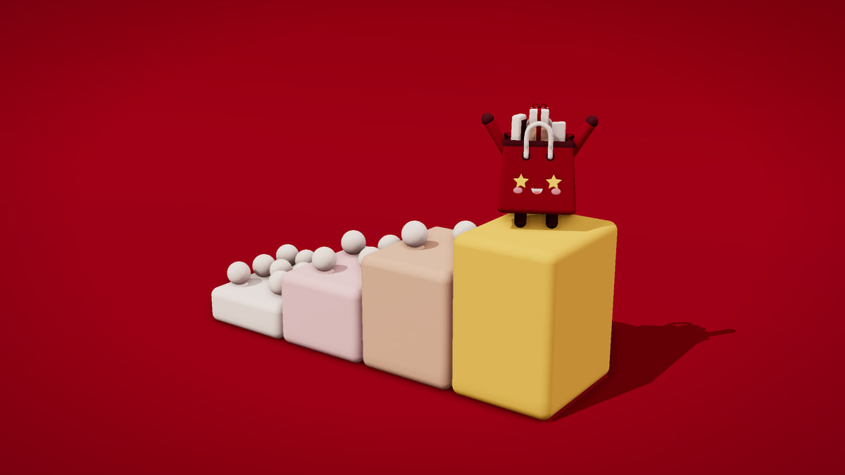 Cuatro escalones de plastilina con cada vez menos esferas y, en el más alto, un personaje con forma de bolsa de compras roja y ojos de estrella que celebra con los brazos arriba, sobre un fondo escarlata