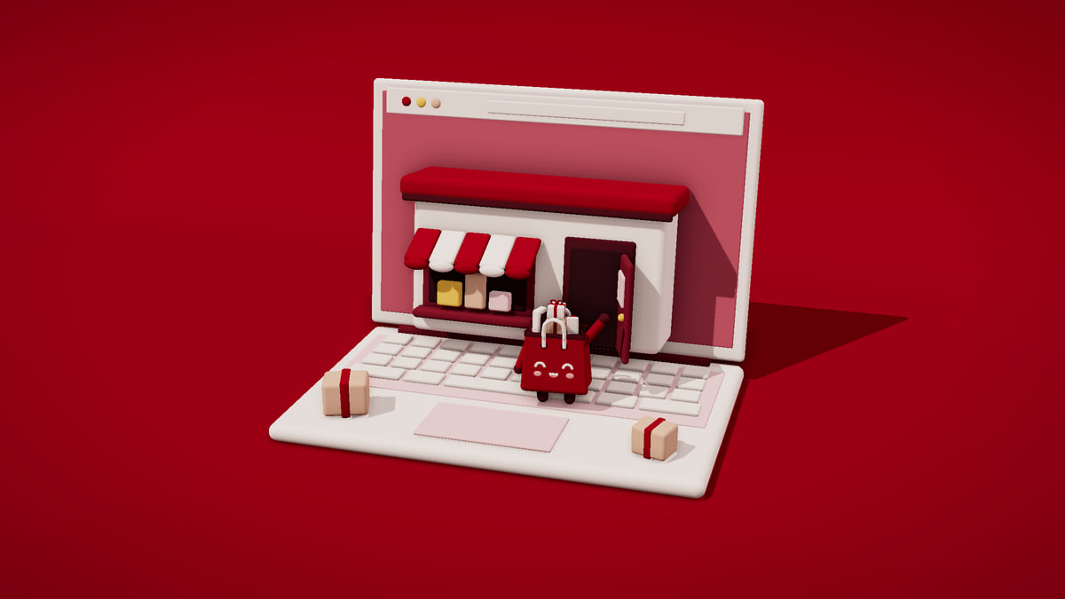 Una laptop abierta de plastilina cuya pantalla se abre como un libro pop-up en una tienda con techo escarlata, toldo a rayas, vitrina y puerta abierta; Shoppín sale de la tienda al teclado saludando, junto a dos paquetes, sobre un fondo escarlata