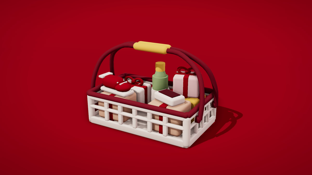 Una cesta de compras de plastilina con asas, llena de paquetes, cajas de regalo, un tenis, una caja de celular y una botella, sobre un fondo escarlata