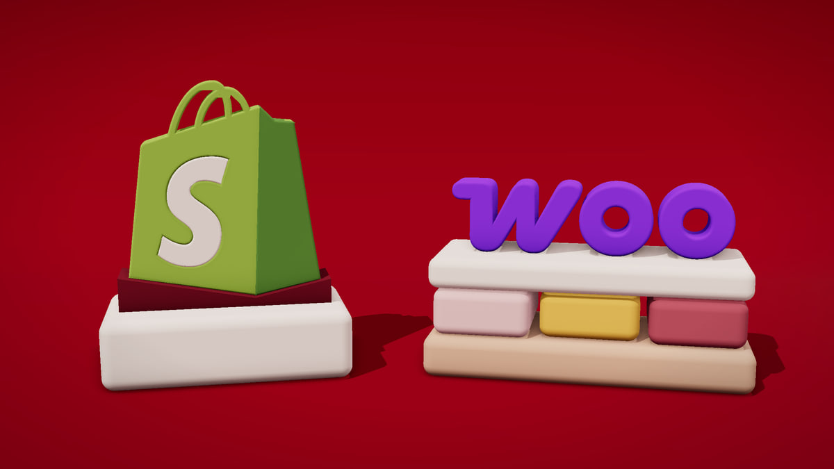 Los logos de Shopify y WooCommerce hechos en plastilina, frente a frente sobre dos podios: la bolsa verde de Shopify sobre un bloque macizo y el Woo morado sobre una pila de piezas, en un fondo escarlata