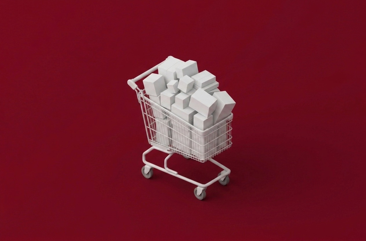 Un carrito de compras blanco lleno de cajas sobre un fondo rojo