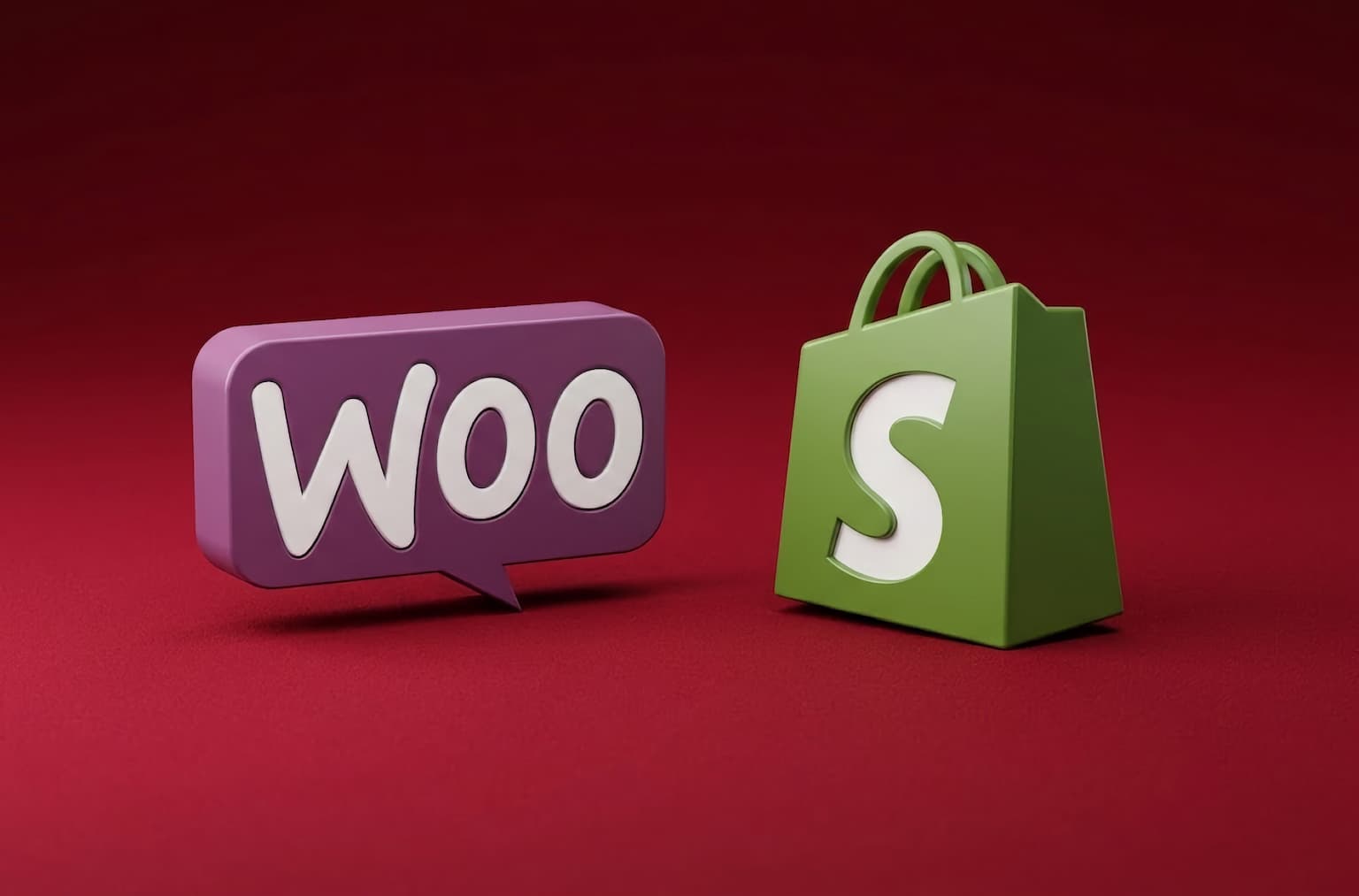 Logos 3D de WooCommerce y Shopify frente a frente sobre un fondo rojo