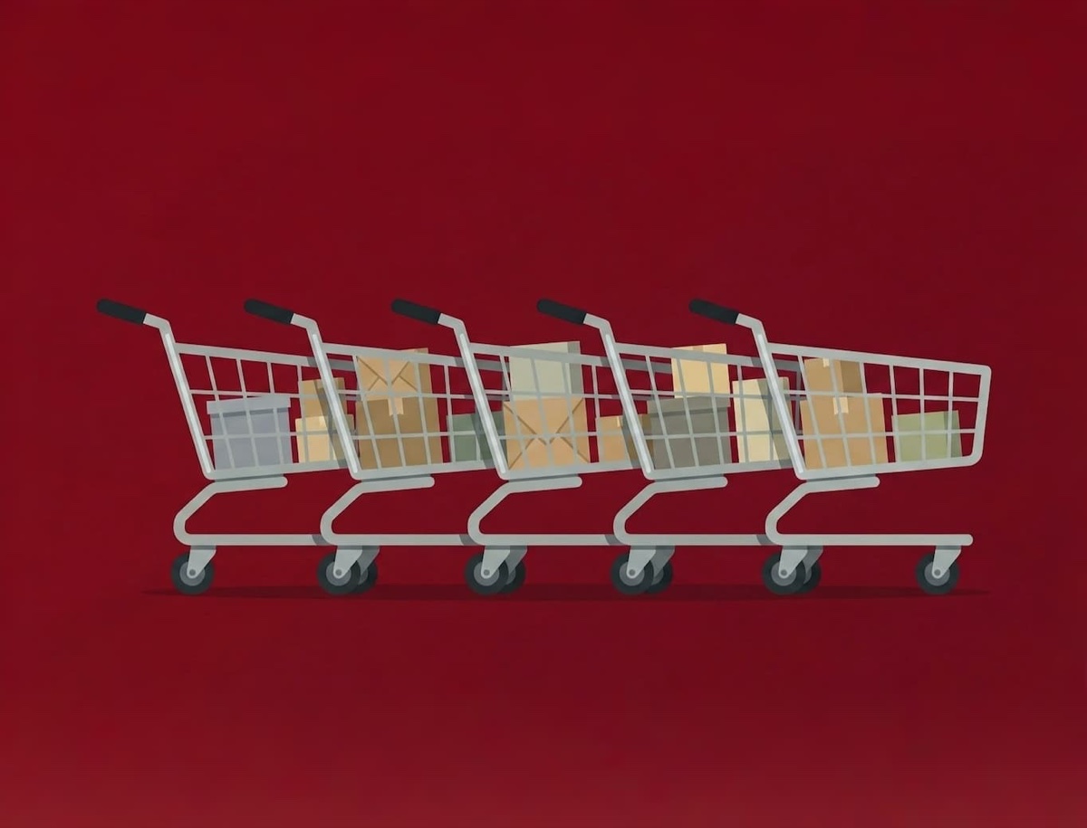 Cinco carritos de compra llenos de paquetes sobre un fondo rojo